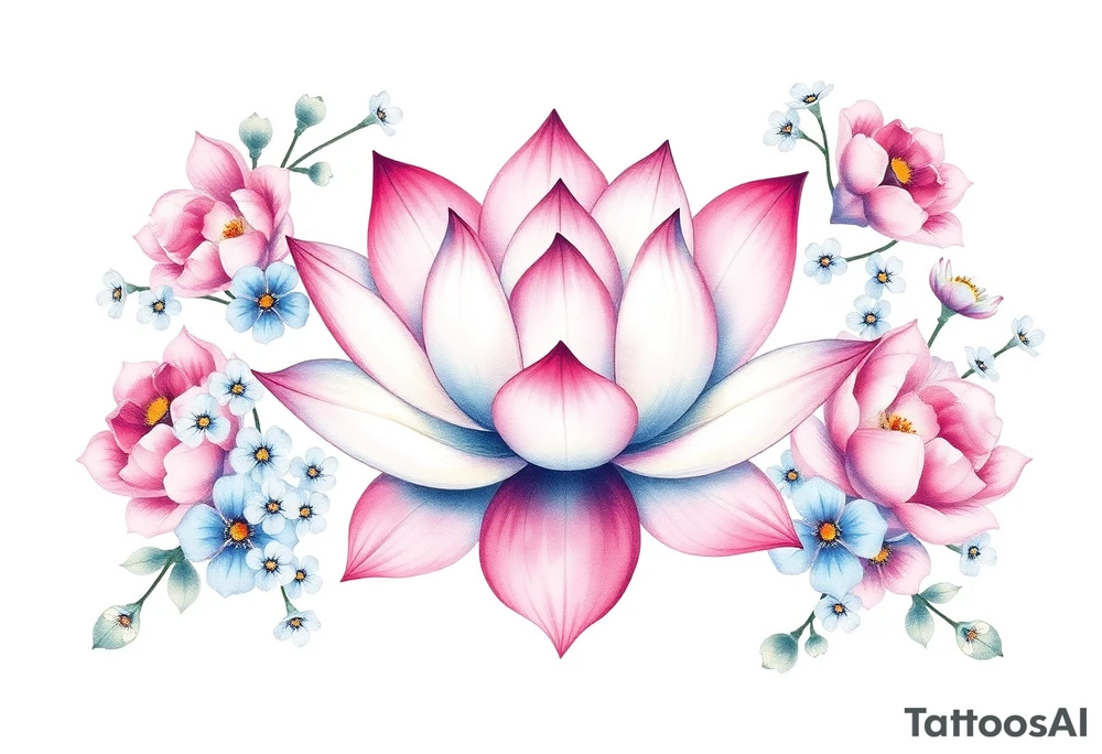 Lotus flower surrounded by forget me nots and peonies tattoo idea