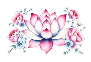 Lotus flower surrounded by forget me nots and peonies tattoo idea