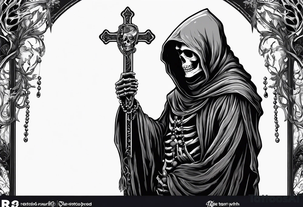 The grim reaper standing from a side profile praying with a rosary wrapped around his hands from a far with skeleton hands tattoo idea