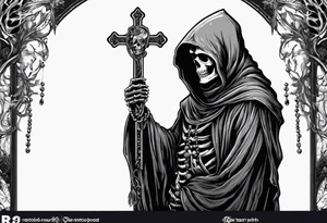 The grim reaper standing from a side profile praying with a rosary wrapped around his hands from a far with skeleton hands tattoo idea