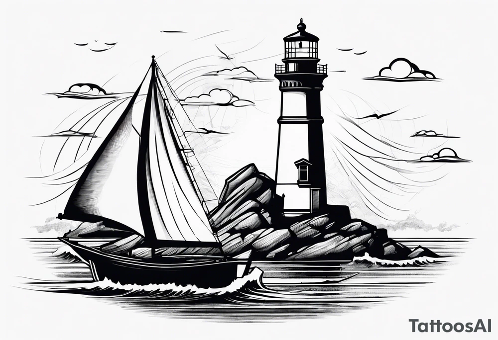 maritime lighthouse partially hidden by its  large fixed sails. tattoo idea