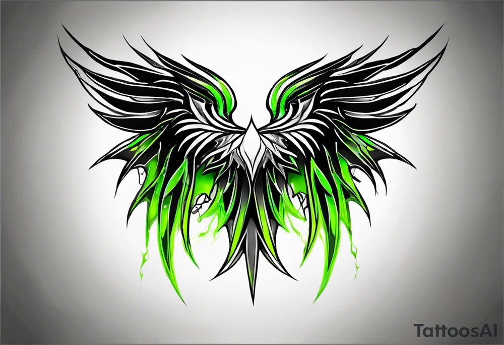 Forearm wing tattoo with streaks of neon green lightning going through/around it tattoo idea