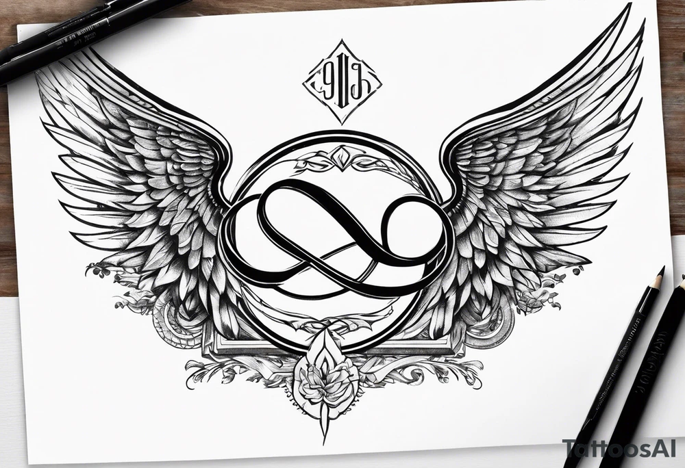 Infinity sign dates January 1, 1959 to February 2, 2016 and angle wings in the background tattoo idea