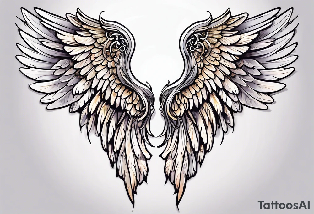 beautiful angel wings. with flilgree in the background tattoo idea