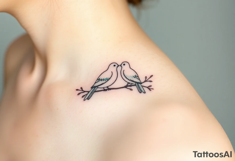 A pair of Ring doves perched on intertwined branches, with shades of soft beige, pale blue, and subtle touches of green tattoo idea