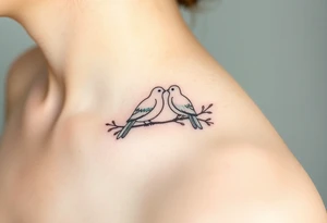 A pair of Ring doves perched on intertwined branches, with shades of soft beige, pale blue, and subtle touches of green tattoo idea