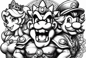 bowser holding Mario and Luigi severed heads with princess peach by bowsers side tattoo idea