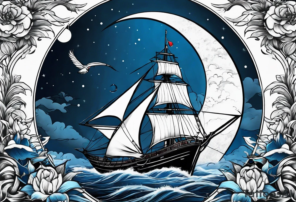 bateau, phare maritime, phoenix,    lune bleu. tattoo idea