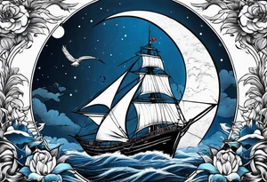 bateau, phare maritime, phoenix,    lune bleu. tattoo idea