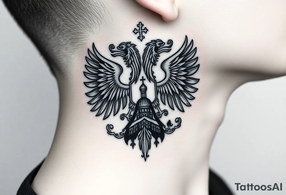 Traditional authentic Russian coat of arms with double headed eagle & a Christian orthodox virgin marry in the middle and silhouette in a Russian wilderness Christian orthodoxy dome church village setting on the side of my neck tattoo idea