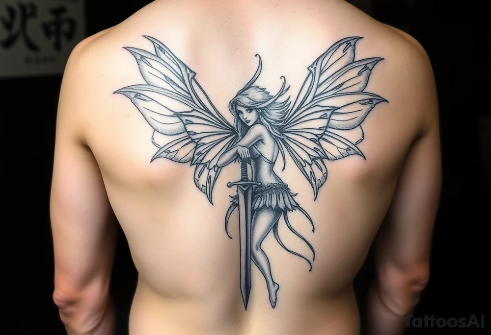 powerful fae fairy holding a sword at a battle big back peice tattoo idea