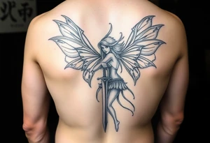 powerful fae fairy holding a sword at a battle big back peice tattoo idea