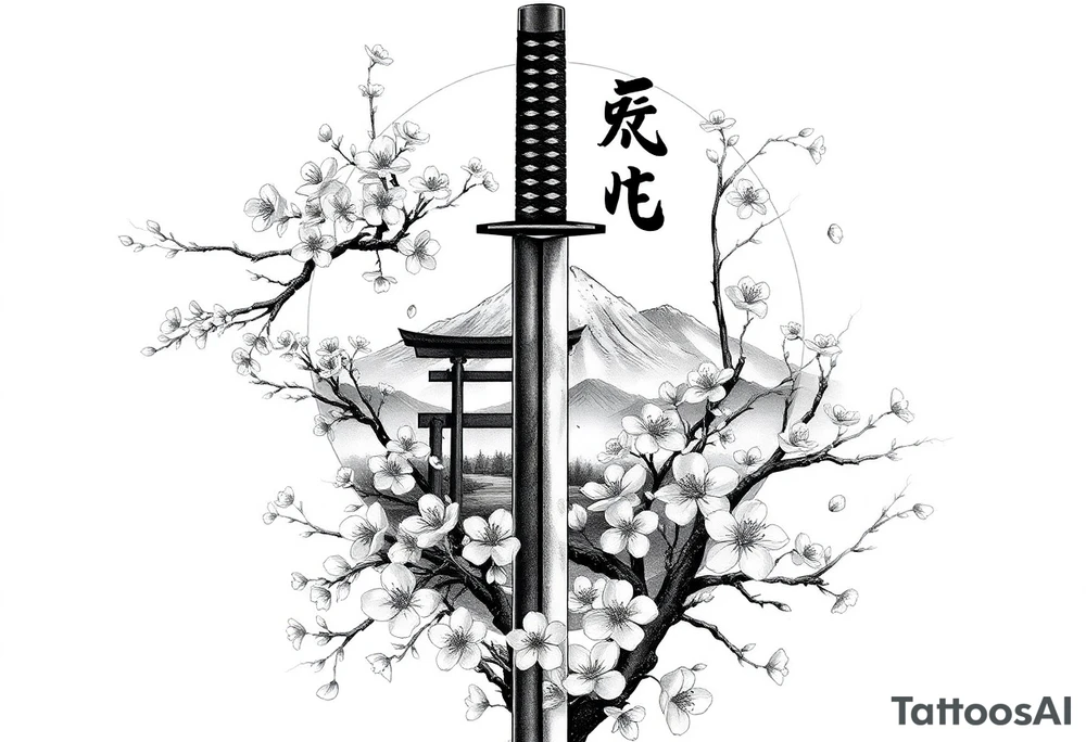 This is a black and gray realism tattoo rooted in discipline, duality, and intention. The centerpiece is a vertical katana, modeled after your original ink, clean and upright like a spine—symbolizing focus, precision, and grounded energy. It’s wrapped in the flowing limbs of a sakura tree, not as an accessory, but as an extension of the blade itself—representing beauty that blooms in adversity. Cherry blossoms aren’t scattered for aesthetics—they move with the wind, some drifting in the foreground, others clinging to the sword like it’s their protector. Behind it all sits a misty torii gate and layered mountains, giving the piece weight, history, and spiritual context. The kanji 平和の剣 (“Sword of Peace”) rides the piece vertically, not slapped on but earned—a message that resonates from the blade outward. The shading is deep and unifying, giving everything one breath, one tone, one story. Nothing floats, nothing competes. The sword doesn’t dominate the art—it becomes the axis around which peace, nature, and power orbit. tattoo idea