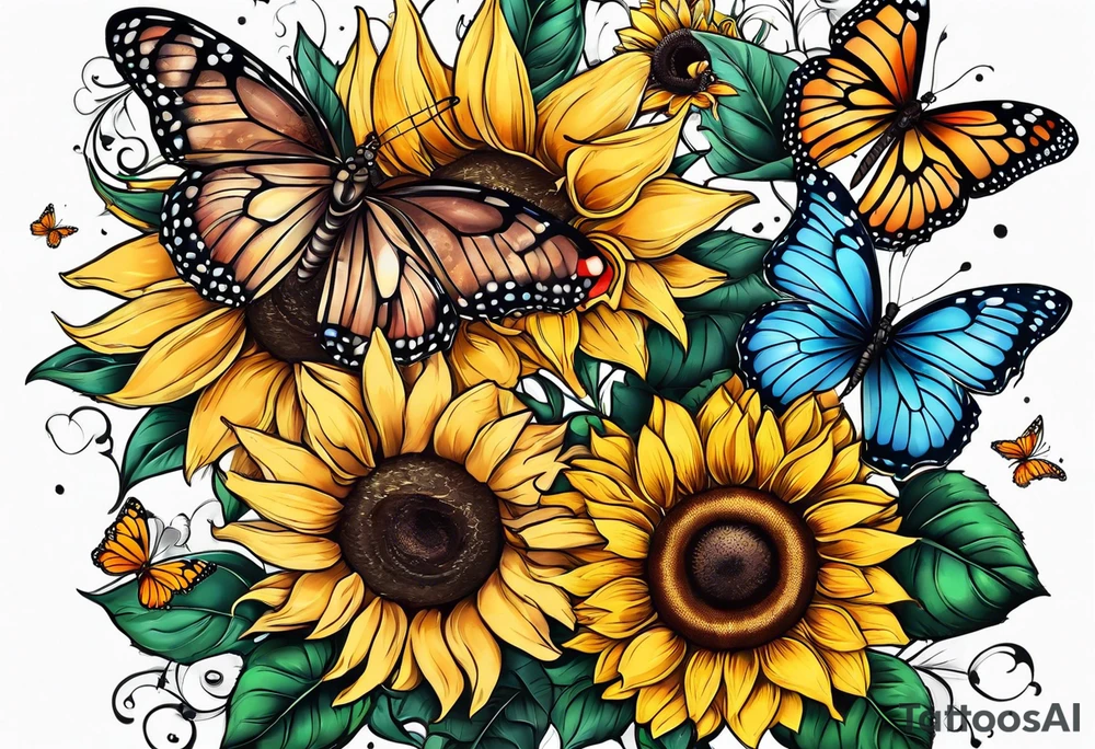 Sleeve with butterflies and sunflowers tattoo idea
