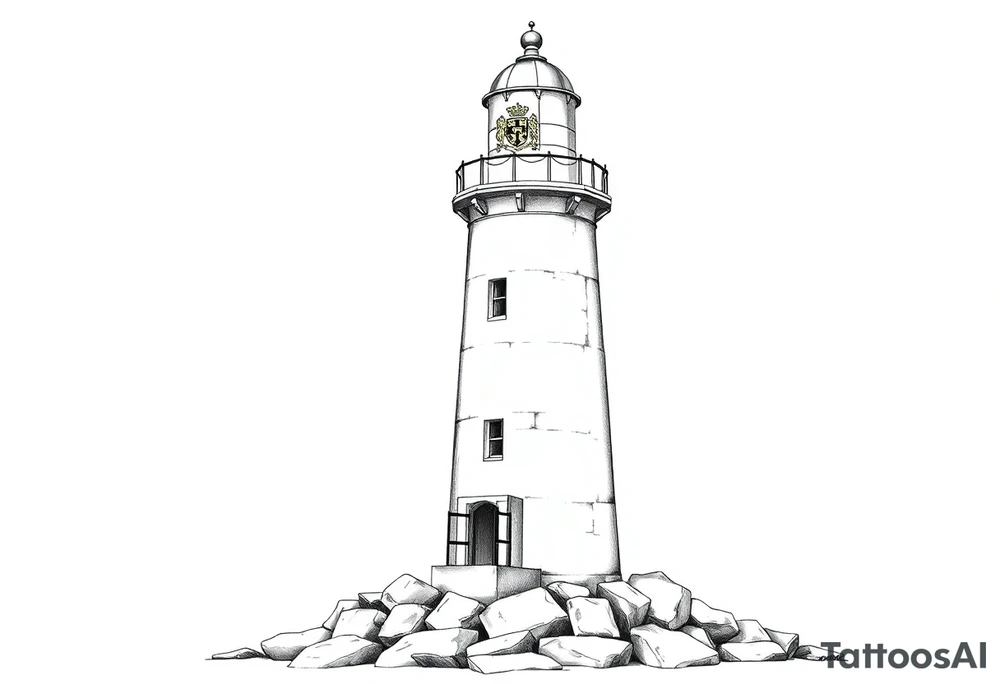 a whole lighthouse with a coat of arms incorporated into the roof without stones on the ground tattoo idea