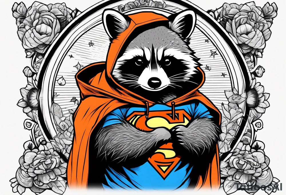 Raccoon wearing an orange Superman hoodie tattoo idea