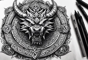 Valhalla sword shield dragon axe stairs Valknut barbed wire chains valknut fire tattoo idea