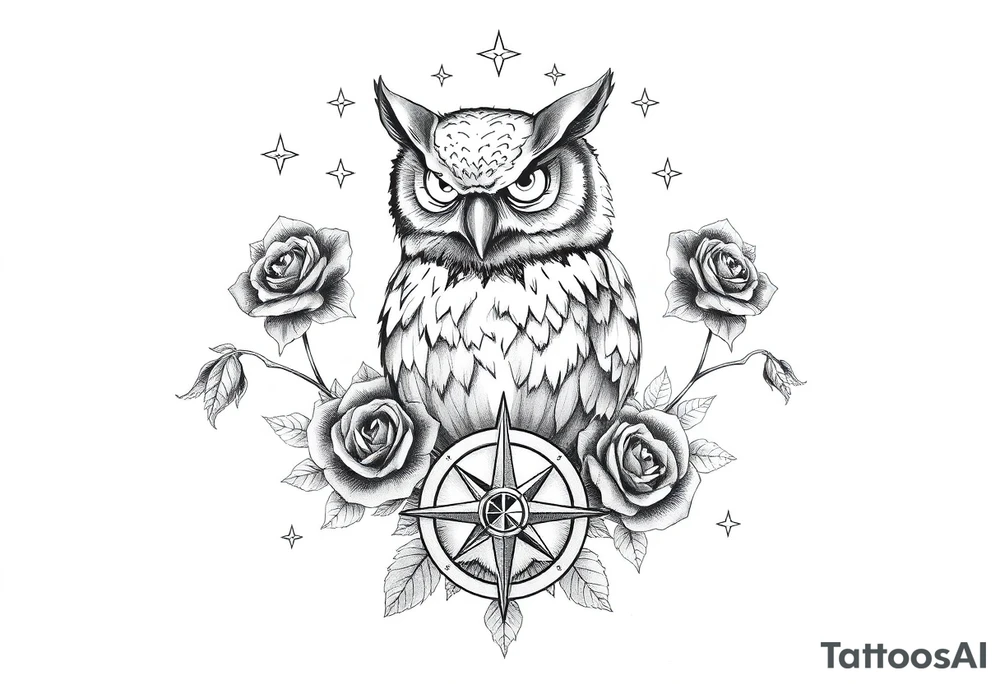 an owl,compass,roses,stars. tattoo idea