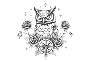 an owl,compass,roses,stars. tattoo idea