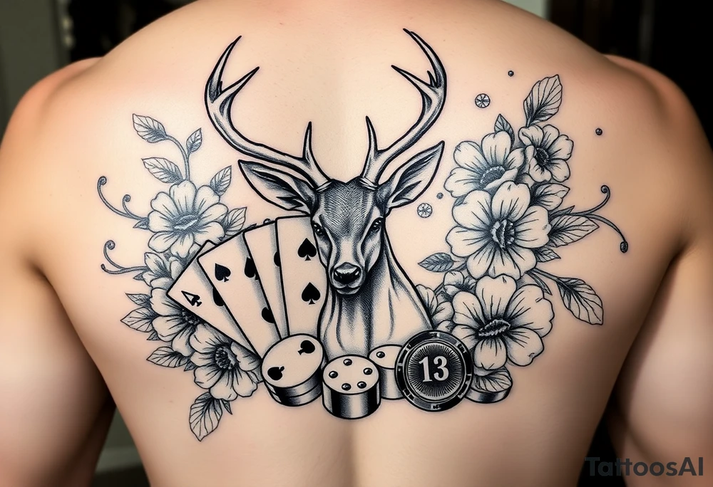 Casino theme with deer cards, dice poker, chips, and flowers and swirls in the background for a sleeve half sleeve tattoo idea