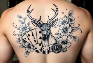 Casino theme with deer cards, dice poker, chips, and flowers and swirls in the background for a sleeve half sleeve tattoo idea