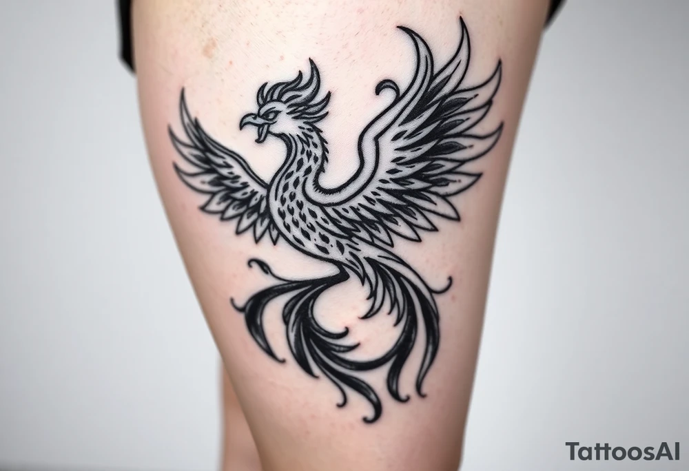 majestic fiery phoenix surrounded by fire, with a crown of fire flapping wings with a flaming tail tattoo idea