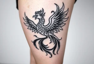 majestic fiery phoenix surrounded by fire, with a crown of fire flapping wings with a flaming tail tattoo idea