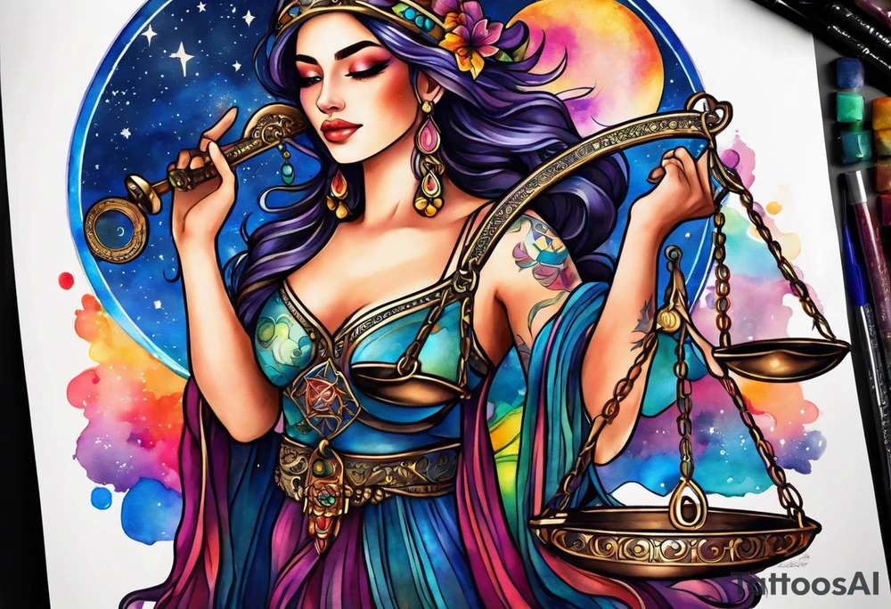 Libra woman holding scales with a night zodiac background including a half moon that encircles half of the woman with vibrant colors tattoo idea