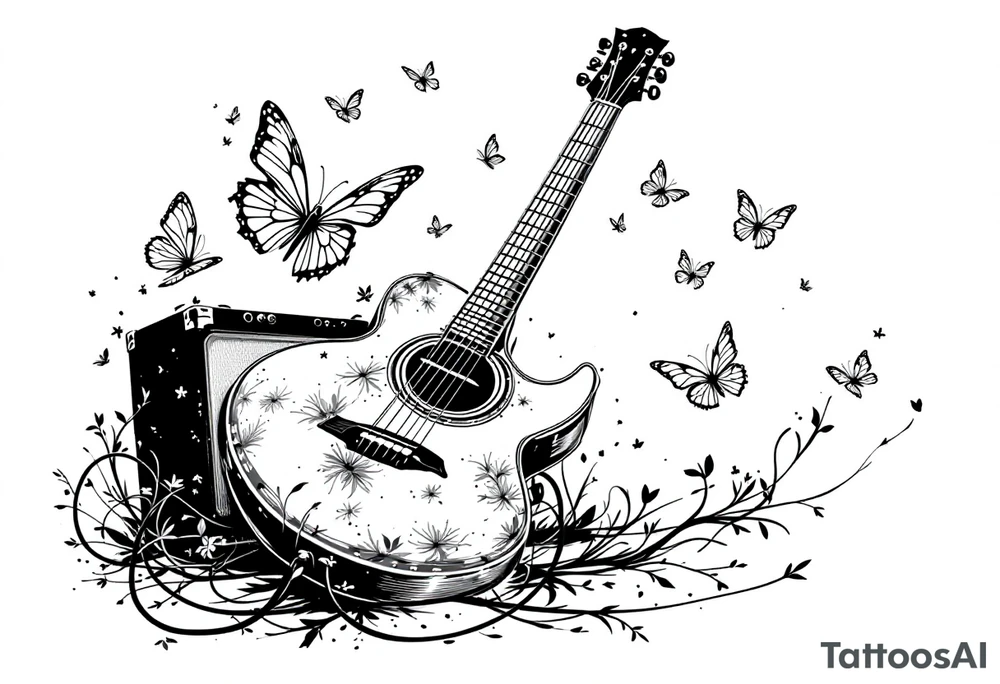 An electric guitar plugged into an amp with butterflies flying around it in memory of tattoo tattoo idea