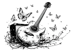 An electric guitar plugged into an amp with butterflies flying around it in memory of tattoo tattoo idea