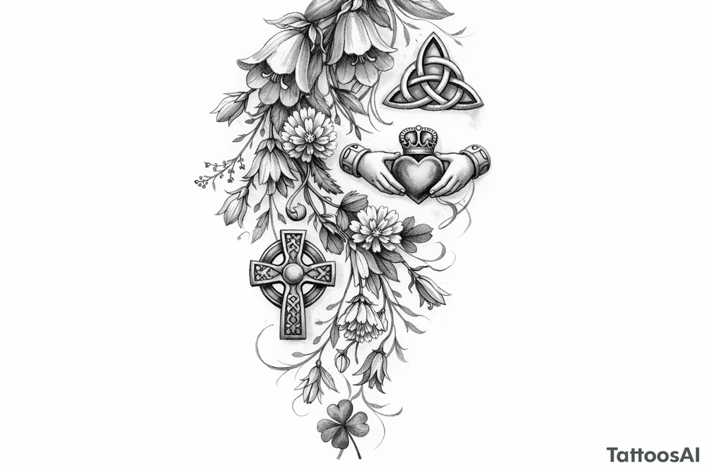 Cascading simple Irish flowers with Irish symbols tattoo idea