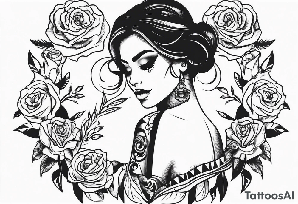 chest tattoo, from shoulder to shoulder, covering lover part of the neck. contains skulls, roses and muertos style girls tattoo idea