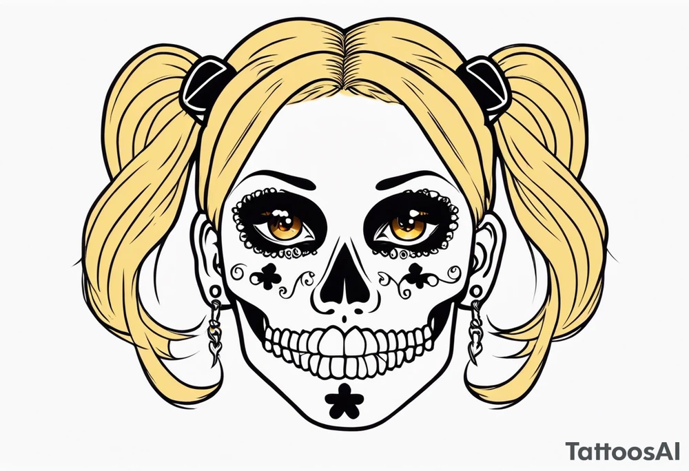 feminine skull and cross bones with hair in two blonde pigtails tattoo idea
