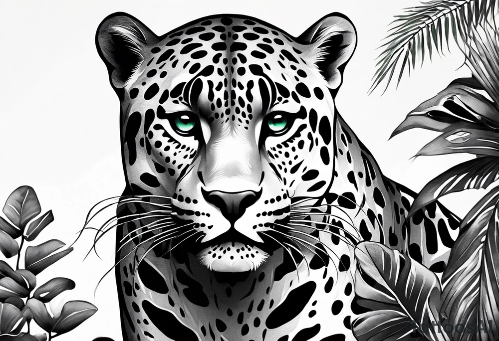 Create and black and grey realistic jaguar walking toward you with rainforest background for a forearm tattoo. Have the jaguars eye colored with emerald green and mouth open tattoo idea