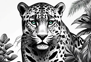 Create and black and grey realistic jaguar walking toward you with rainforest background for a forearm tattoo. Have the jaguars eye colored with emerald green and mouth open tattoo idea