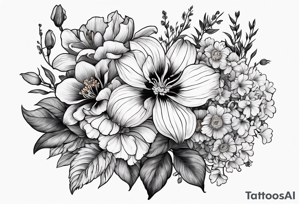 Flower bouquet filled with violets, irises and chrysanthemums tattoo idea