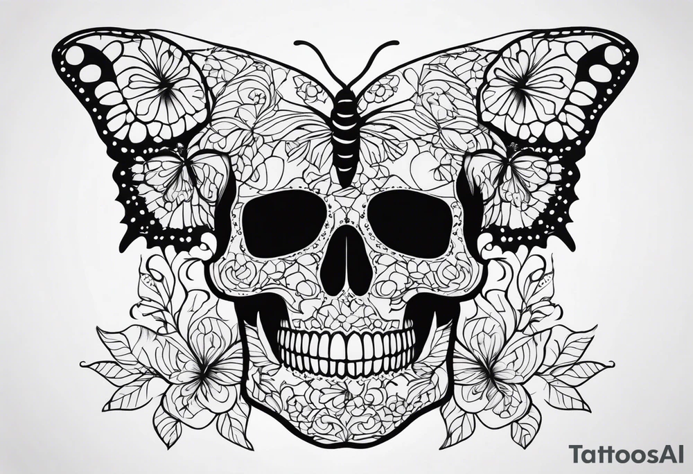 Lace-patterned skull with butterflies tattoo idea