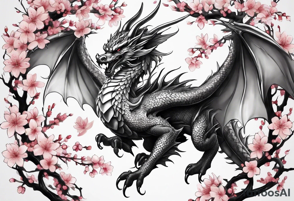 A dragon with wings covered in cherry blossoms on the thigh tattoo idea