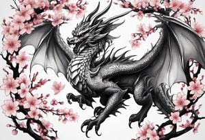 A dragon with wings covered in cherry blossoms on the thigh tattoo idea
