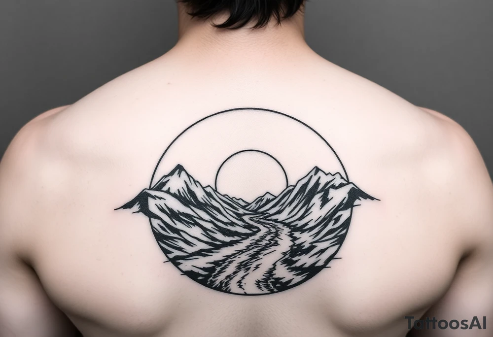 mountais. rive and sunrise, devide it in one circule tattoo idea