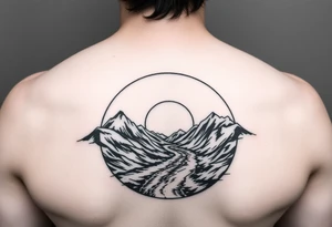 mountais. rive and sunrise, devide it in one circule tattoo idea