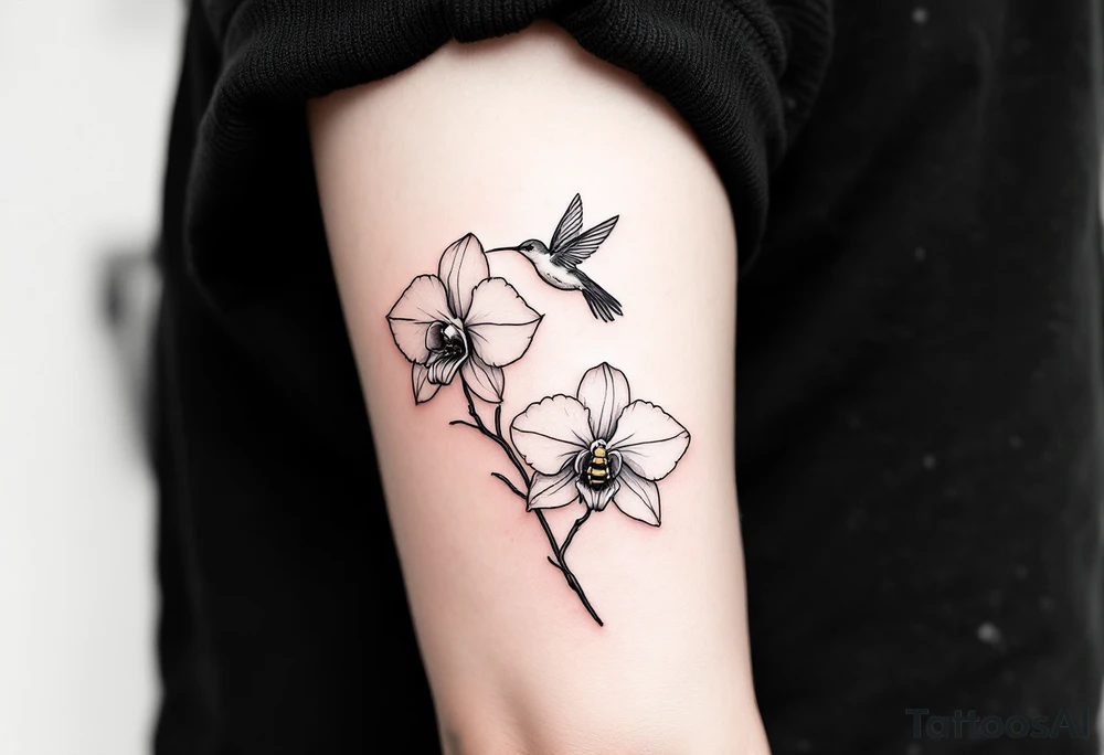 A delicate, black and white fine-line tattoo for male, featuring gracefully detailed 2 orchids in full bloom including their stems, with soft, intricate petals and elegant curves. Beside it, a hummingbird hovers mid-flight, its wings drawn with subtle motion lines, its slender beak reaching toward the orchid’s center to drink its nectar. on the other flower there is a bee that is resting tattoo idea