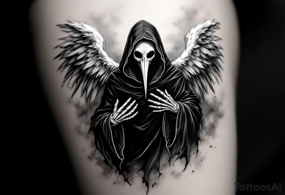 Plague Doctor as an Angel of Death – A floating plague doctor with tipical long nose mask with skeletal hands, dressed in a black hooded robe with smoky white edges. Behind them, tattered white and gray angel wings fade into mist. tattoo idea