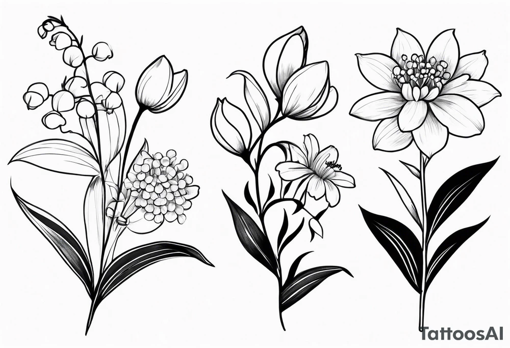 4 flowers. Lily of the valley. Marigold, chrysanthemum, and Lily combined together vertically with small leaves and vines tattoo idea