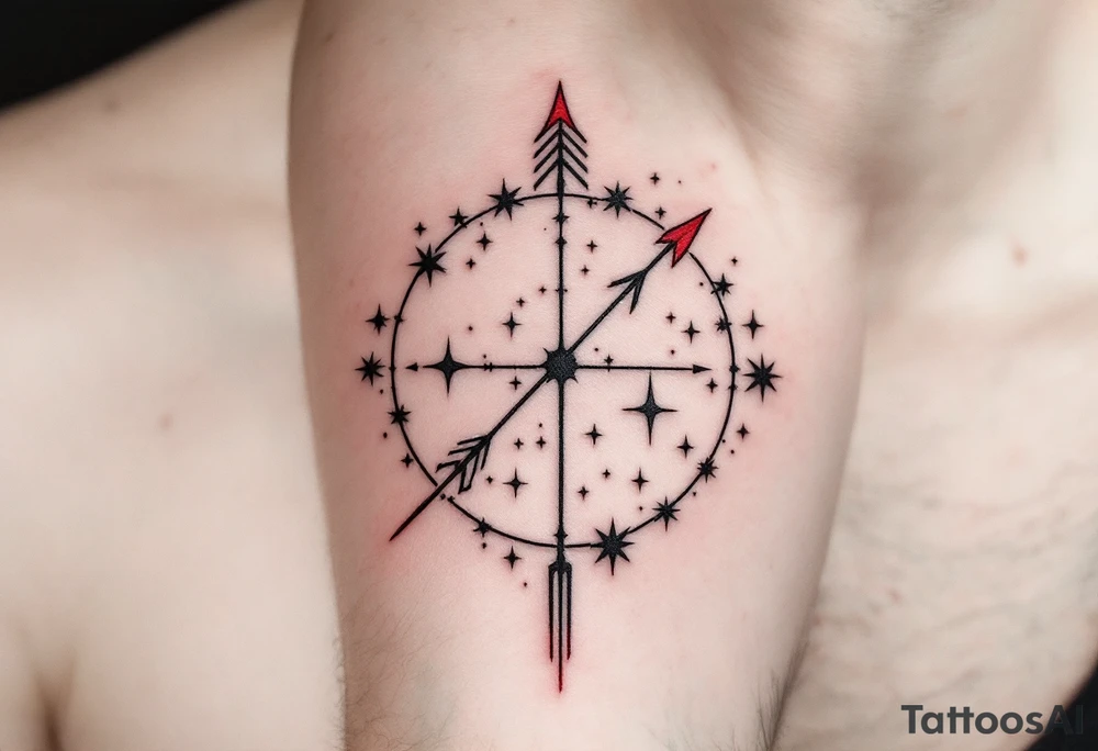 A fine-line Sagittarius star constellation tattoo with a bold red arrow shooting across the stars on the ribcage. tattoo idea