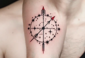 A fine-line Sagittarius star constellation tattoo with a bold red arrow shooting across the stars on the ribcage. tattoo idea