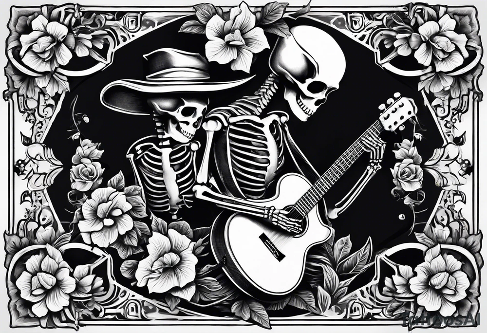 a male and a female skeleton. The male skeleton is playing the guitar. The female skeleton has a hibiscus flower. tattoo idea