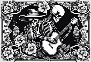 a male and a female skeleton. The male skeleton is playing the guitar. The female skeleton has a hibiscus flower. tattoo idea