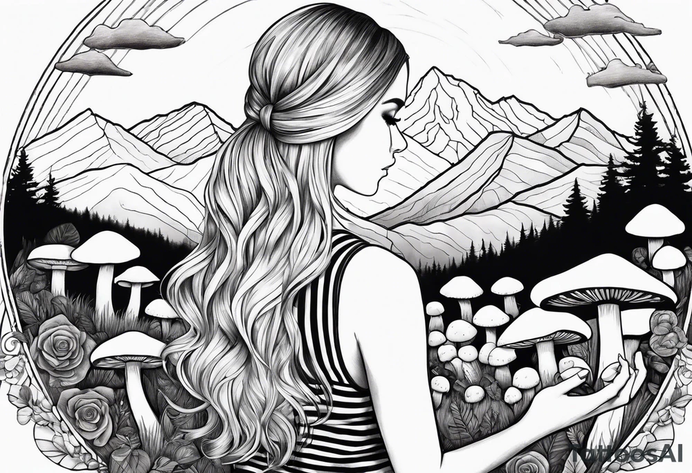 Straight blonde hair girl holding mushrooms in hand facing away toward mountains surrounded by mushrooms circular design black and white striped dress tattoo idea