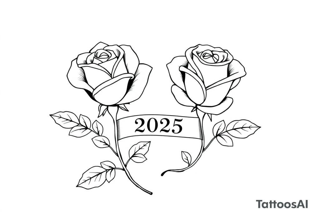 two beautiful large rose buds, one larger than the other, with many leaves next to the rose buds, with one sitting higher than the other. Include a banner connecting the two roses with the year 2025 on it.   Use dark outlines with little shading. The two stems should be short, not long, and connect and join into one stem, whimsically curved or twisted - not straight down. tattoo idea